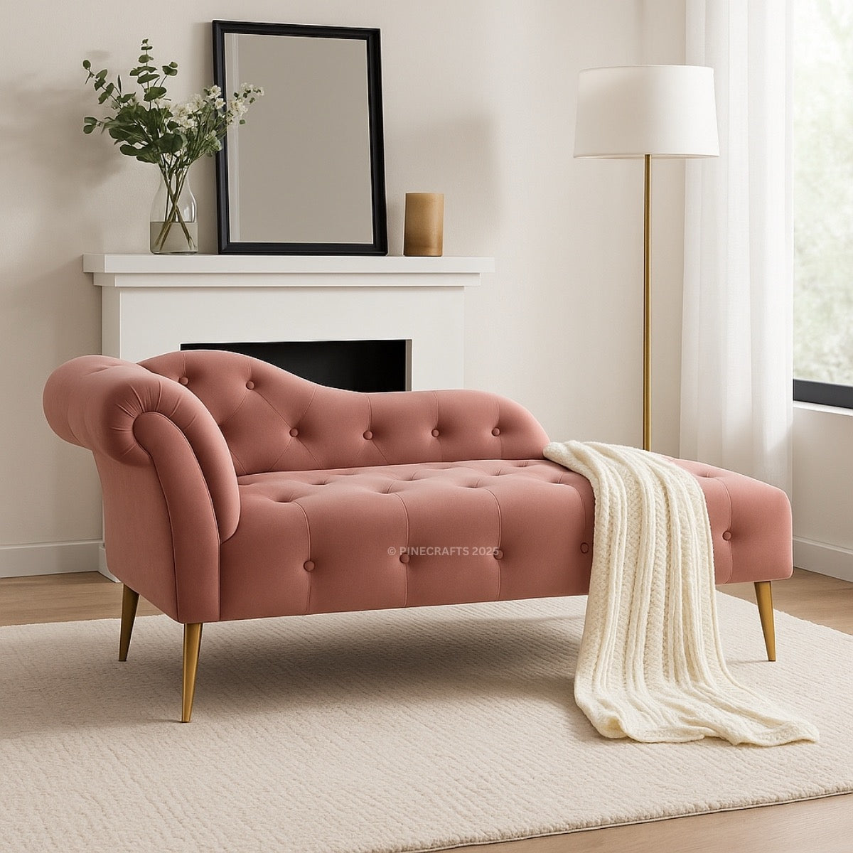 Pink tufted sofa with a white blanket in a living room setting.